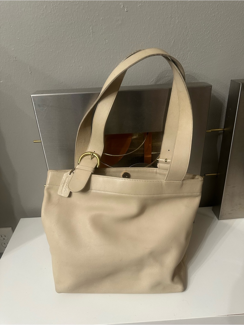 Vintage Coach  SoHo Lafayette Cream Leather Tote Bag with Brass Accent